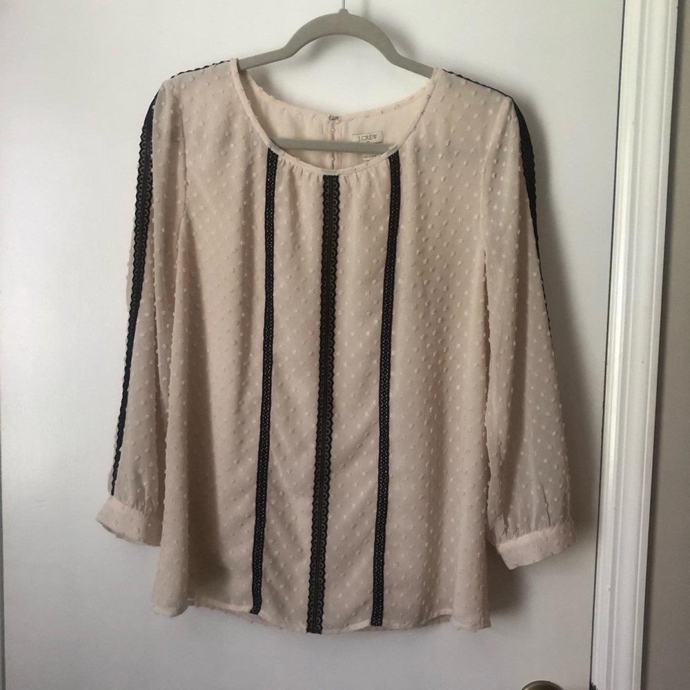 J. CREW Swiss Dot Lace Trim Long Sleeve Ivory Top/Shirt Size 8